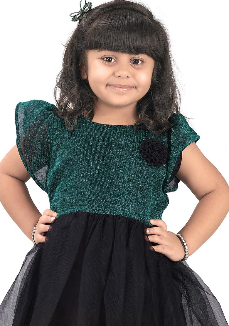 Rama Green Embroidered Net Dress For Girls