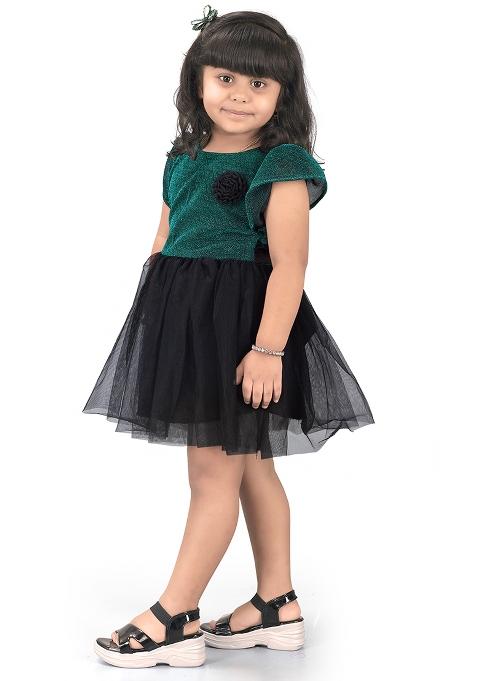 Rama Green Embroidered Net Dress For Girls