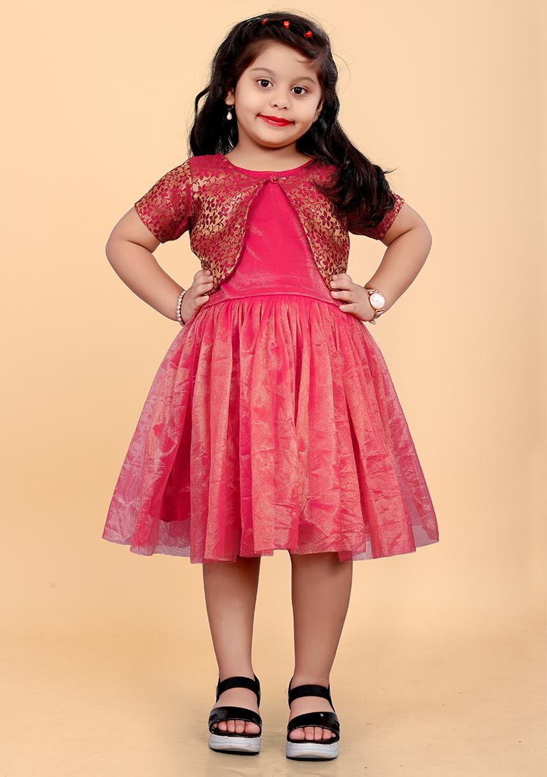 Pink Embroidered Jacquard Dress For Girls