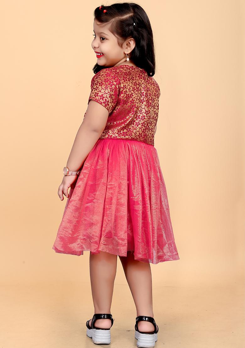 Pink Embroidered Jacquard Dress For Girls