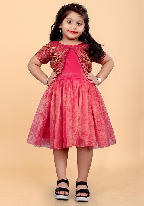Pink Embroidered Jacquard Dress For Girls