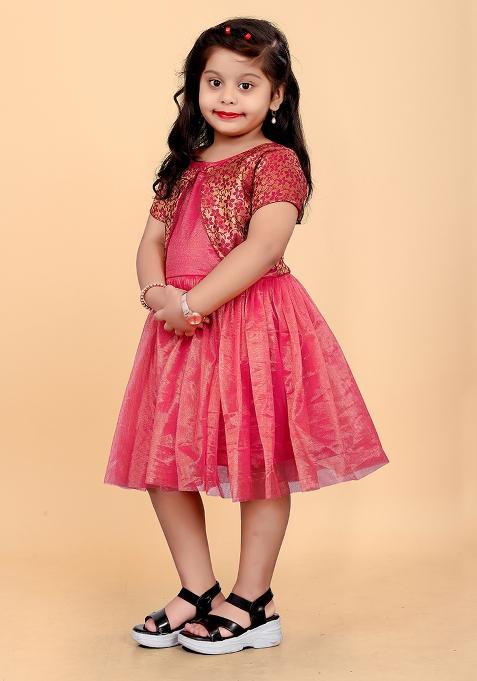 Pink Embroidered Jacquard Dress For Girls
