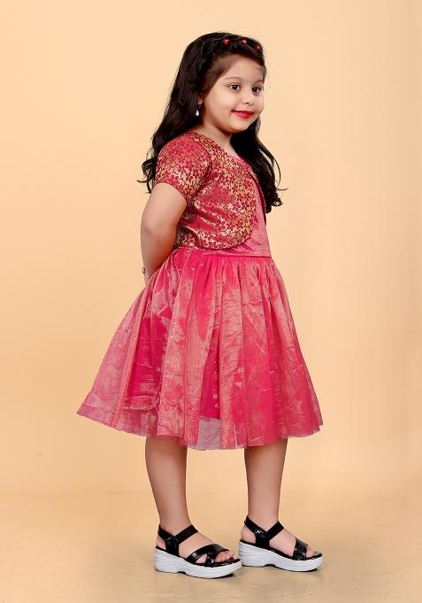 Pink Embroidered Jacquard Dress For Girls