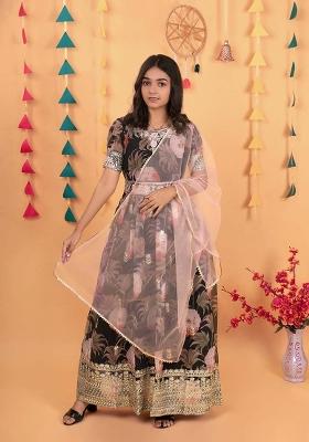 Black Embroidererd Georgette Anarkali Set With Dupatta For Girl