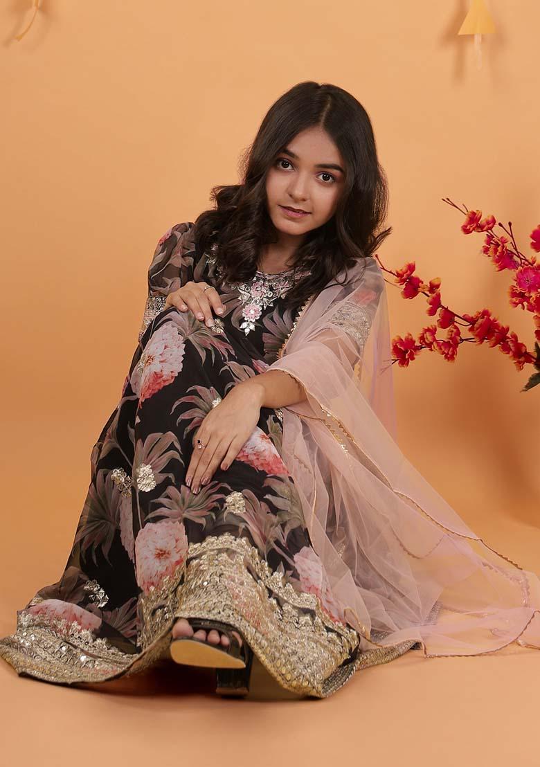 Black Embroidererd Georgette Anarkali Set With Dupatta For Girl