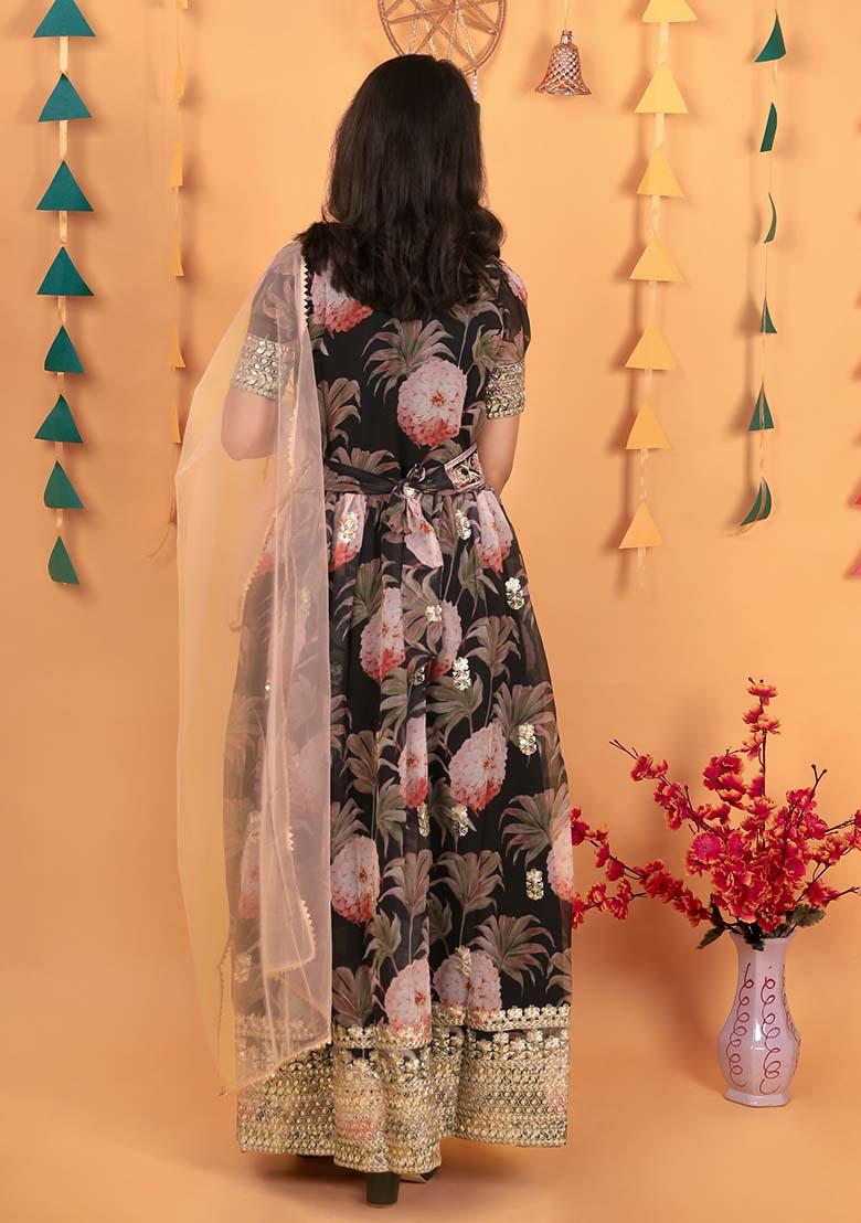 Black Embroidererd Georgette Anarkali Set With Dupatta For Girl