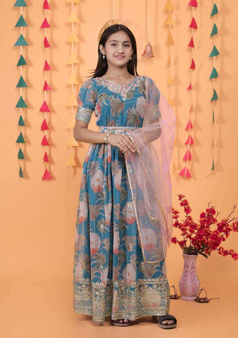 Sky Blue Embroidererd Georgette Anarkali Set With Dupatta For Girl - Indya