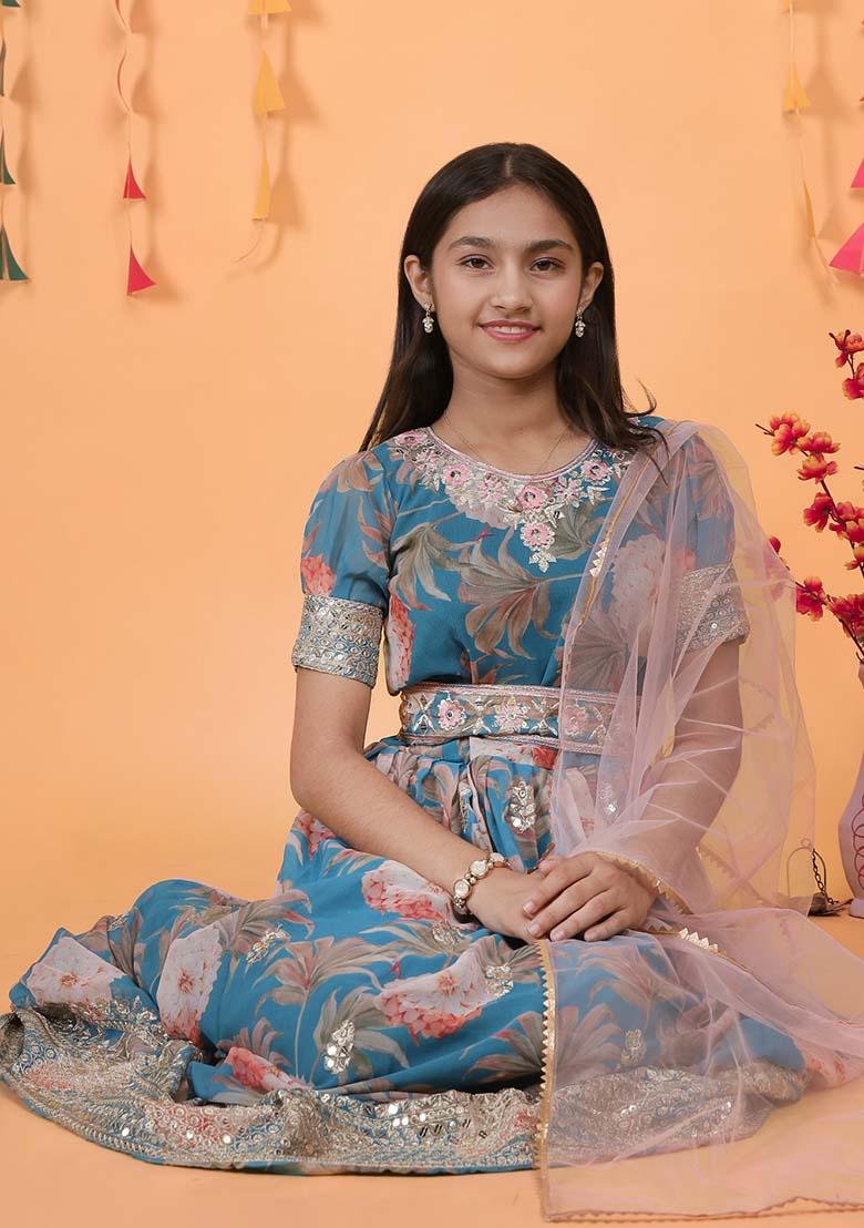 Sky Blue Embroidererd Georgette Anarkali Set With Dupatta For Girl