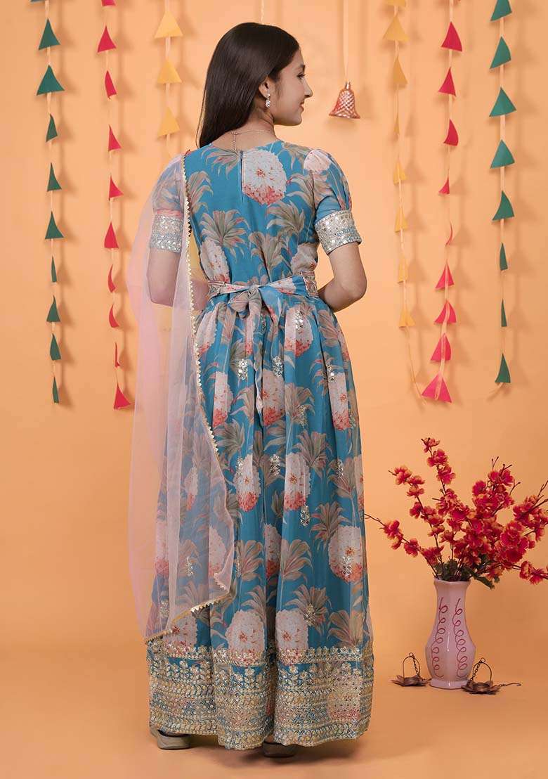 Sky Blue Embroidererd Georgette Anarkali Set With Dupatta For Girl - Indya