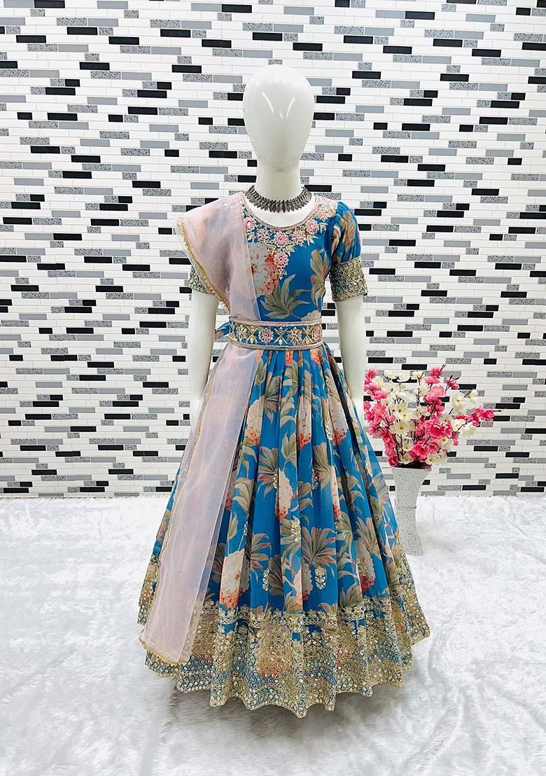 Sky Blue Embroidererd Georgette Anarkali Set With Dupatta For Girl