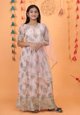 Cream Embroidererd Georgette Anarkali Set With Dupatta For Girl
