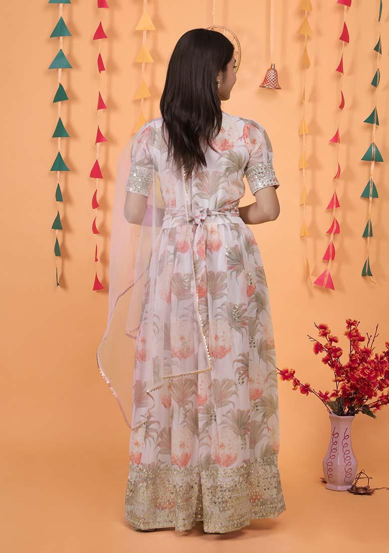 Cream Embroidererd Georgette Anarkali Set With Dupatta For Girl