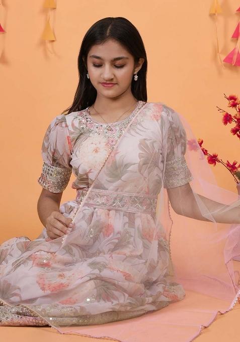 Cream Embroidererd Georgette Anarkali Set With Dupatta For Girl