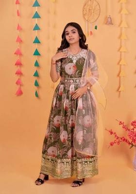 Green Embroidererd Georgette Anarkali Set With Dupatta For Girl