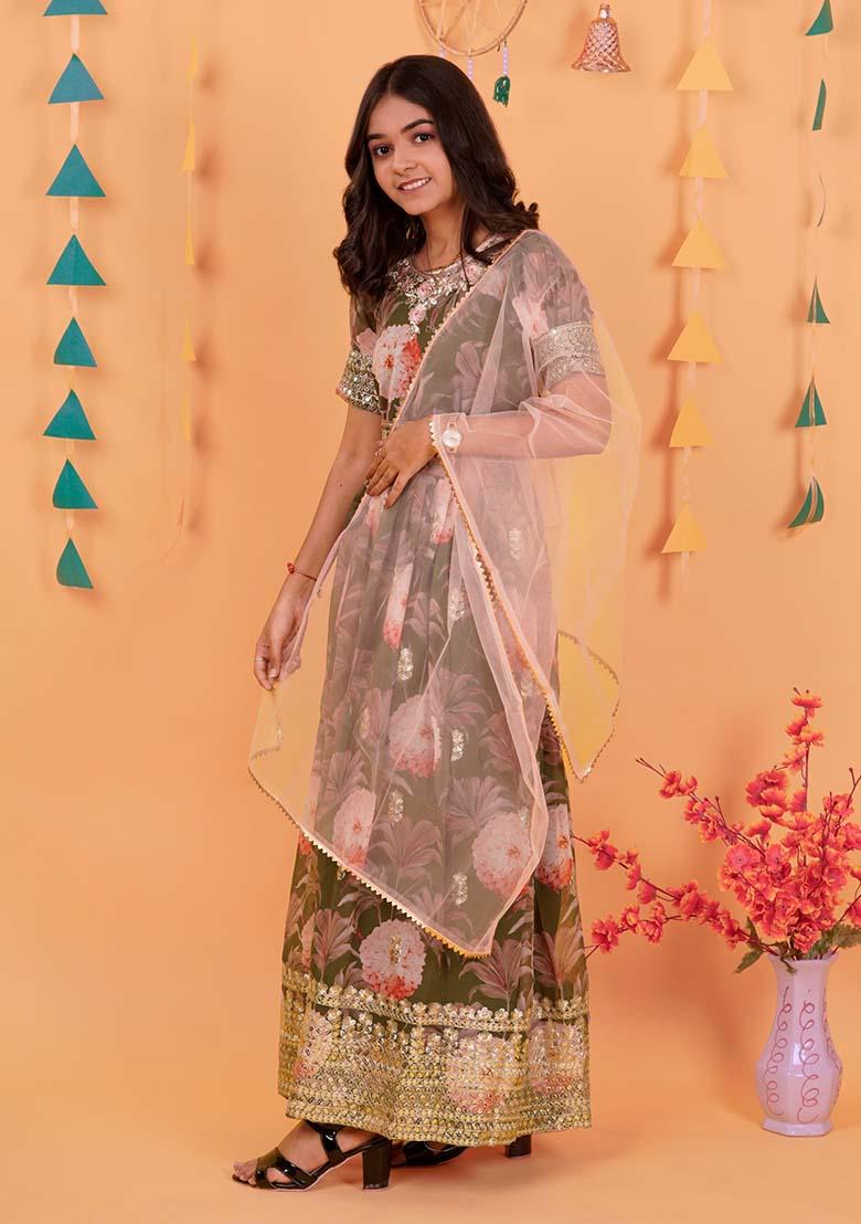 Green Embroidererd Georgette Anarkali Set With Dupatta For Girl