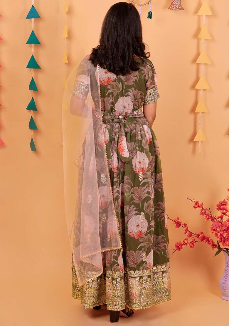 Green Embroidererd Georgette Anarkali Set With Dupatta For Girl