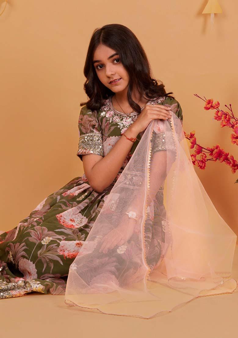 Green Embroidererd Georgette Anarkali Set With Dupatta For Girl