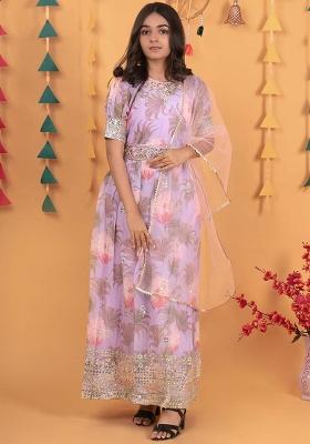 Lavender Embroidererd Georgette Anarkali Set With Dupatta For Girl