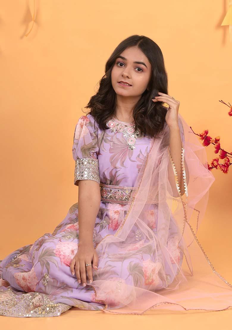 Lavender Embroidererd Georgette Anarkali Set With Dupatta For Girl