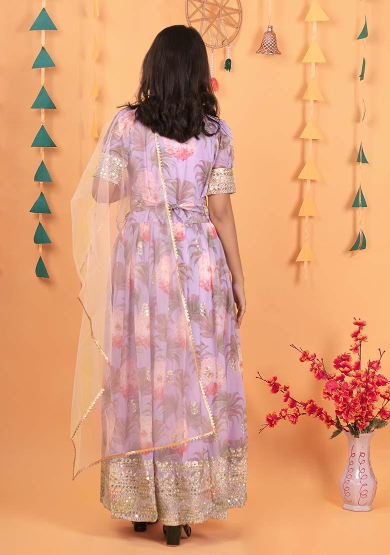 Lavender Embroidererd Georgette Anarkali Set With Dupatta For Girl