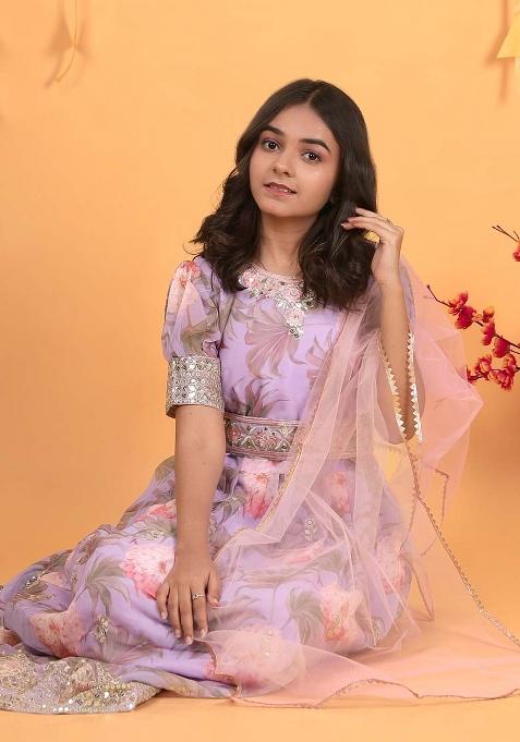 Lavender Embroidererd Georgette Anarkali Set With Dupatta For Girl