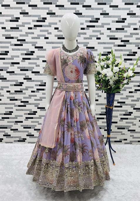Lavender Embroidererd Georgette Anarkali Set With Dupatta For Girl