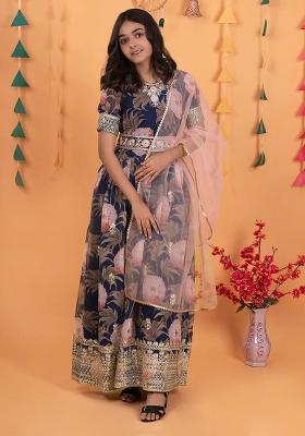 Navy Blue Embroidererd Georgette Anarkali Set With Dupatta For Girl