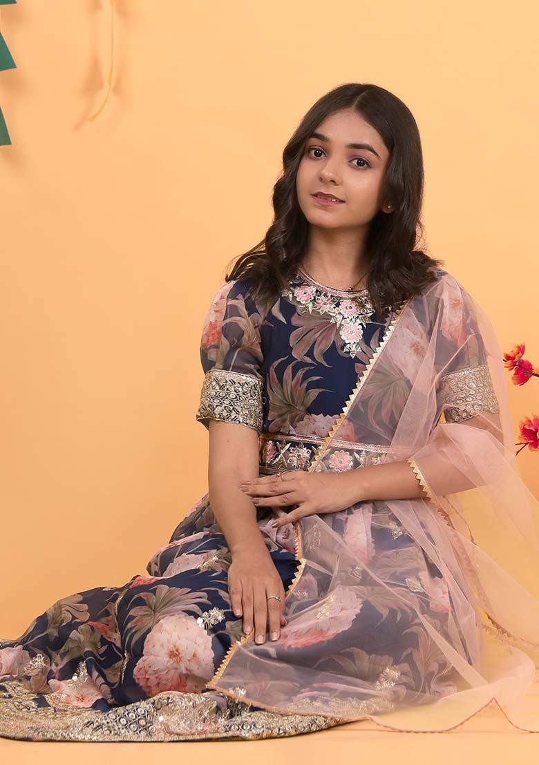 Navy Blue Embroidererd Georgette Anarkali Set With Dupatta For Girl