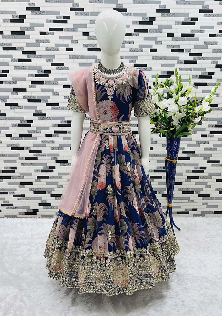 Navy Blue Embroidererd Georgette Anarkali Set With Dupatta For Girl