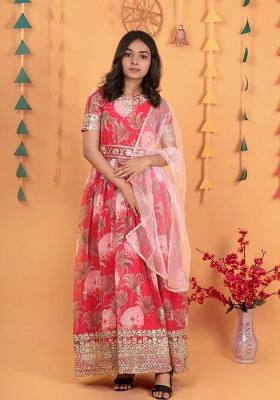 Red Embroidererd Georgette Anarkali Set With Dupatta For Girl