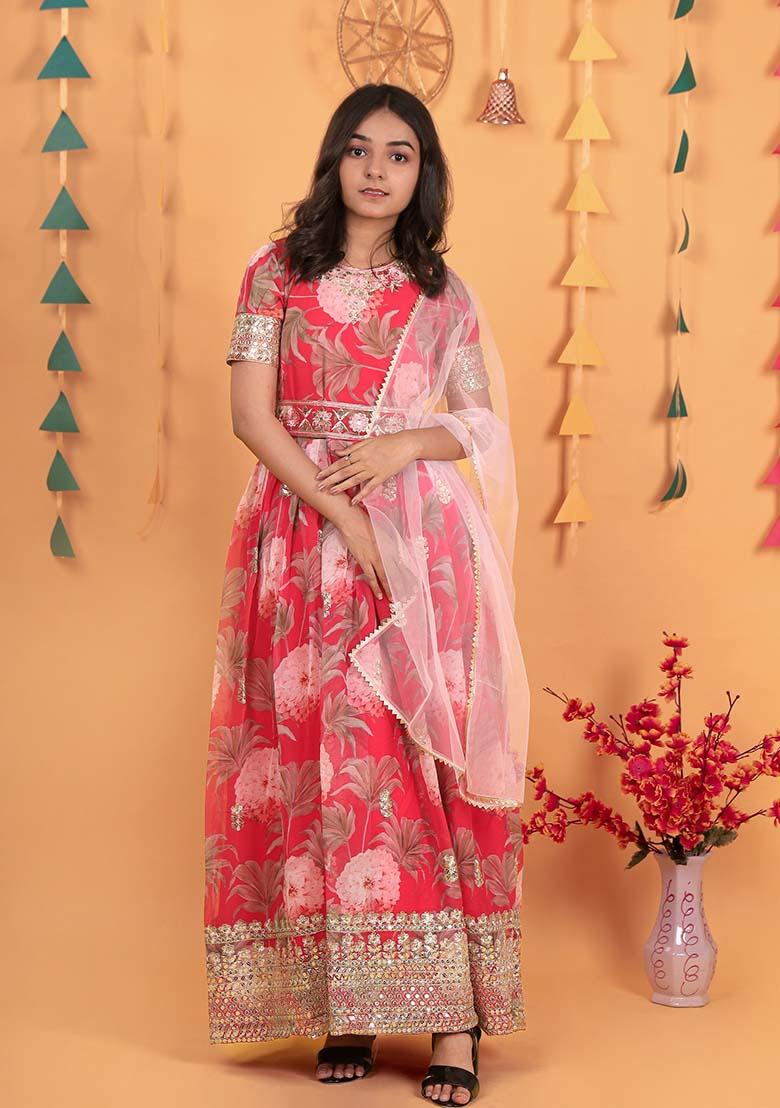 Red Embroidererd Georgette Anarkali Set With Dupatta For Girl