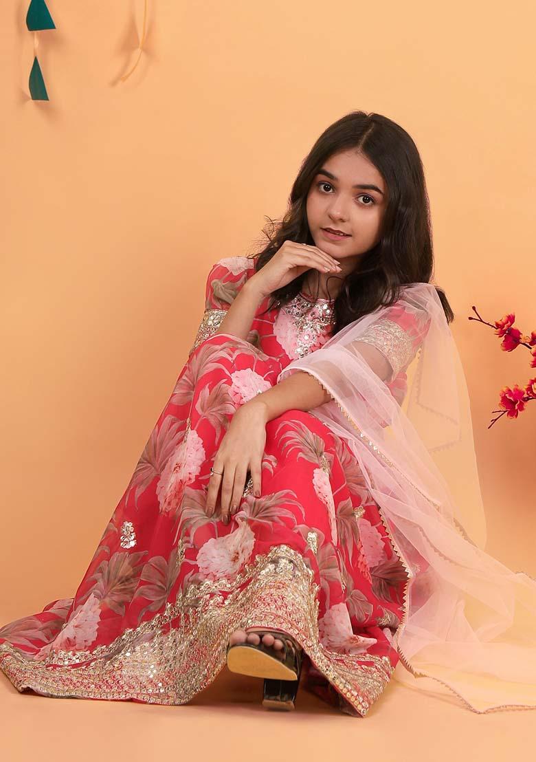 Red Embroidererd Georgette Anarkali Set With Dupatta For Girl