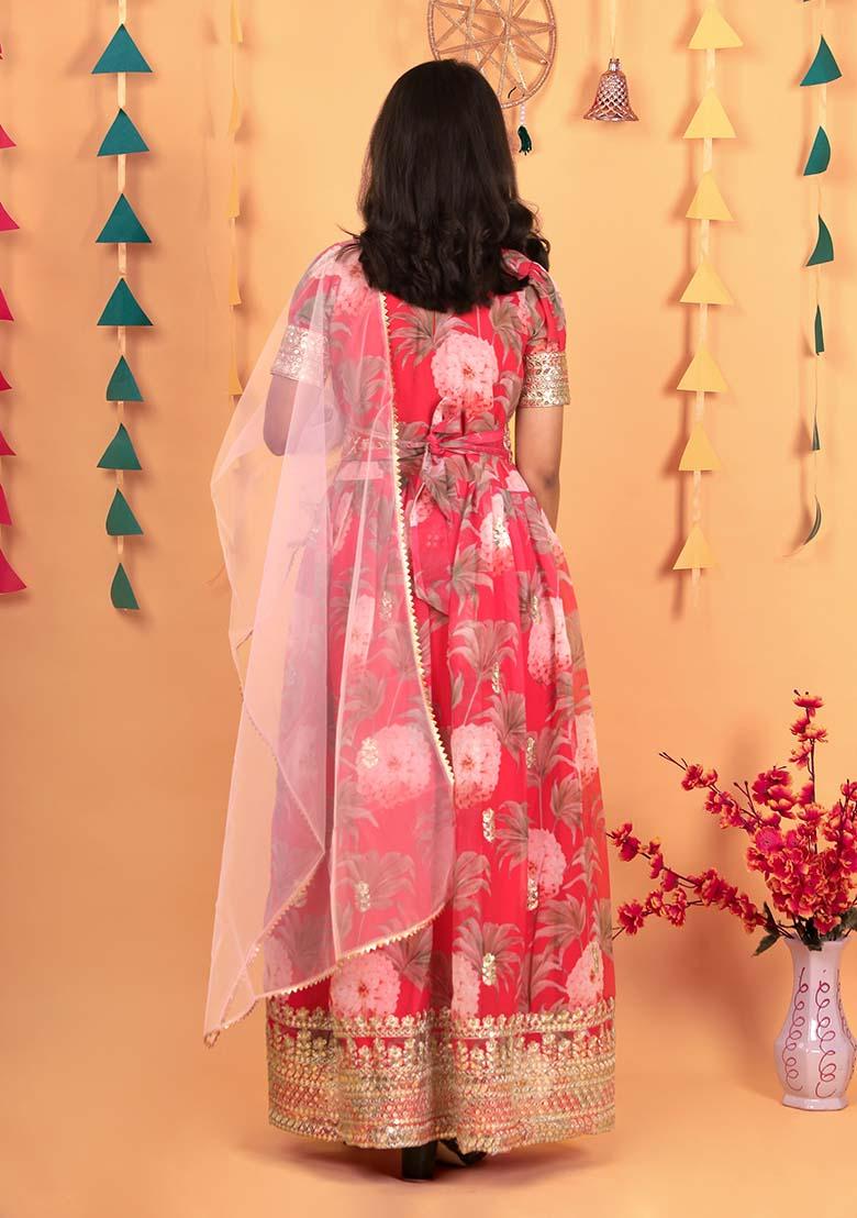 Red Embroidererd Georgette Anarkali Set With Dupatta For Girl