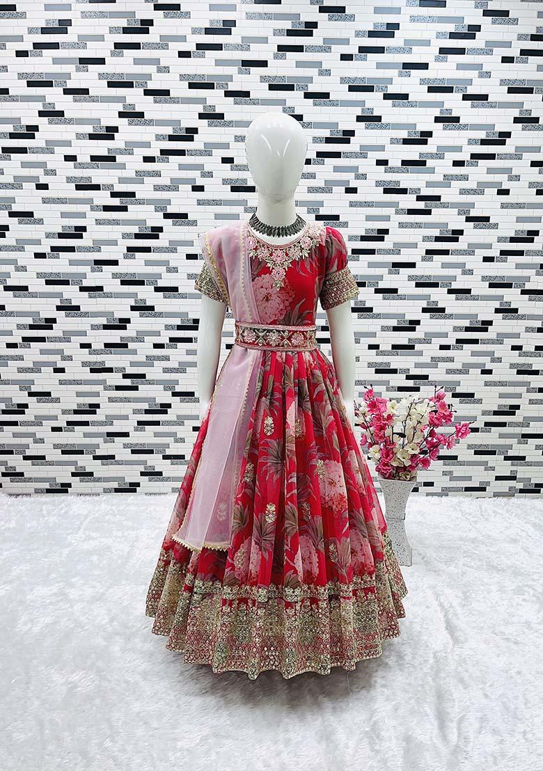 Red Embroidererd Georgette Anarkali Set With Dupatta For Girl
