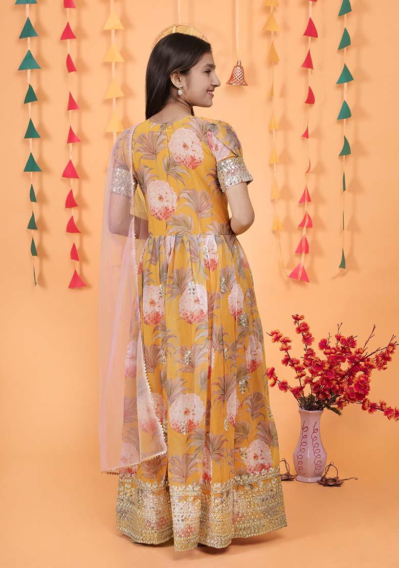Yellow Embroidererd Georgette Anarkali Set With Dupatta For Girl