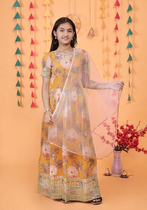Yellow Embroidererd Georgette Anarkali Set With Dupatta For Girl