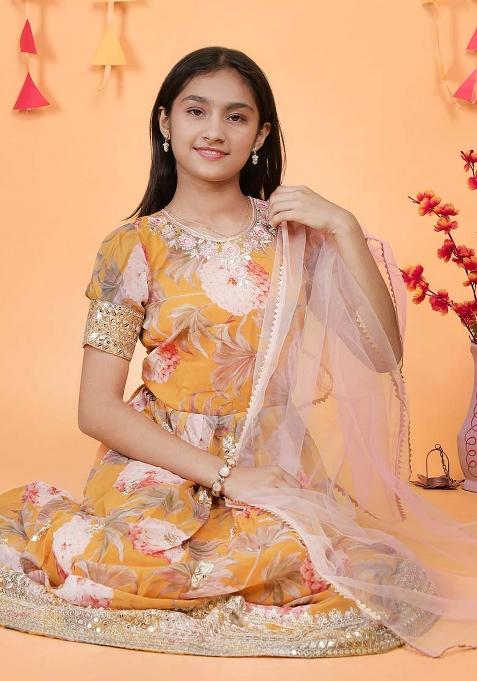 Yellow Embroidererd Georgette Anarkali Set With Dupatta For Girl