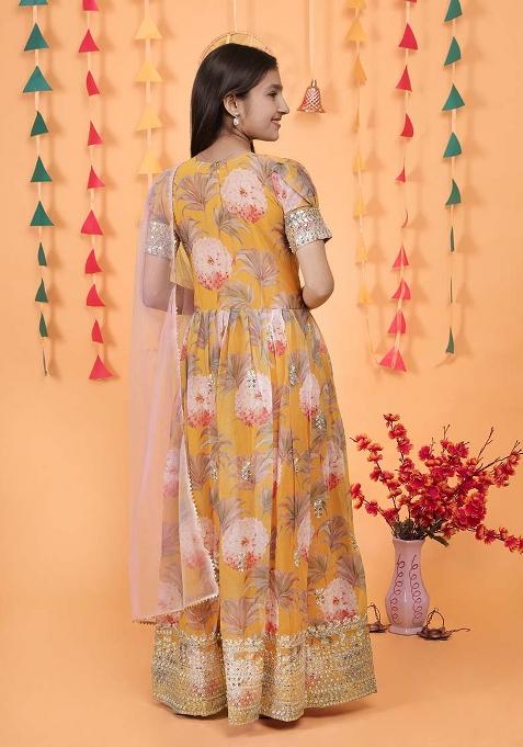 Yellow Embroidererd Georgette Anarkali Set With Dupatta For Girl