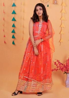 Red Embroidererd Georgette Anarkali Set With Dupatta For Girl