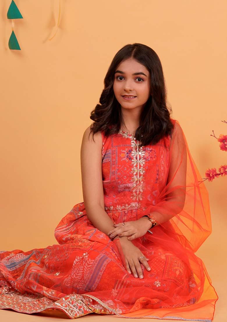 Red Embroidererd Georgette Anarkali Set With Dupatta For Girl