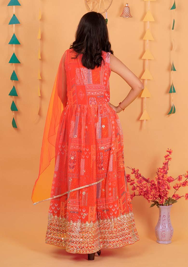 Red Embroidererd Georgette Anarkali Set With Dupatta For Girl