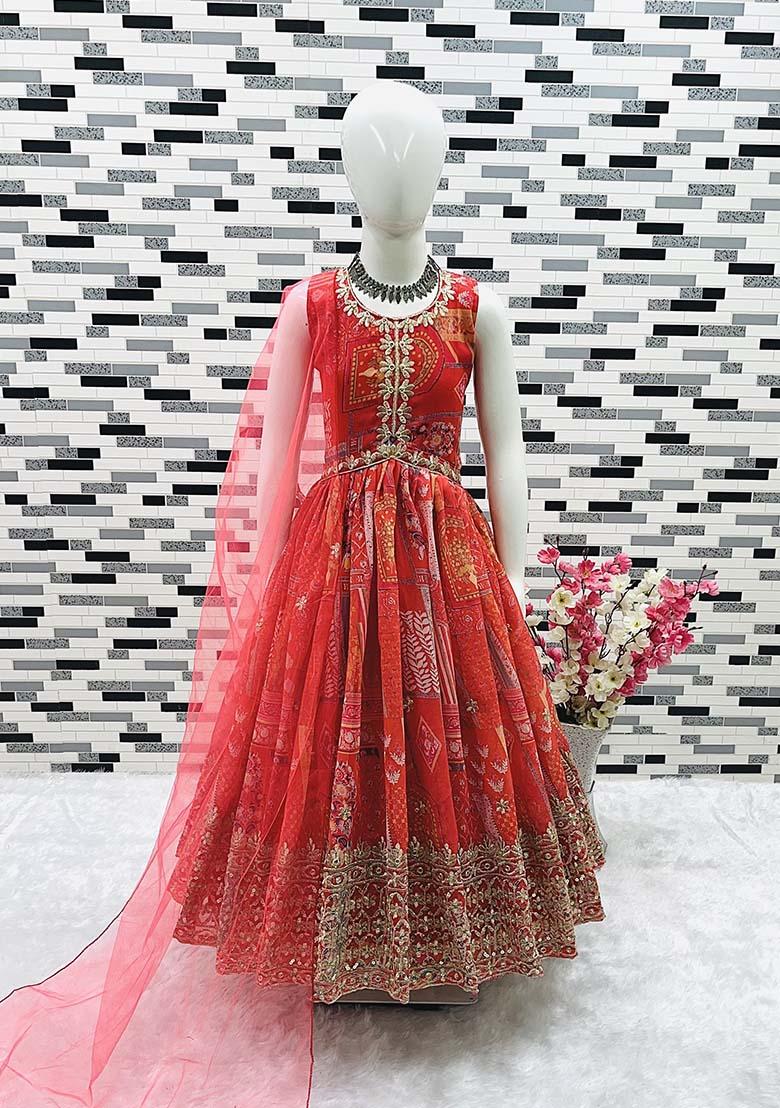 Red Embroidererd Georgette Anarkali Set With Dupatta For Girl