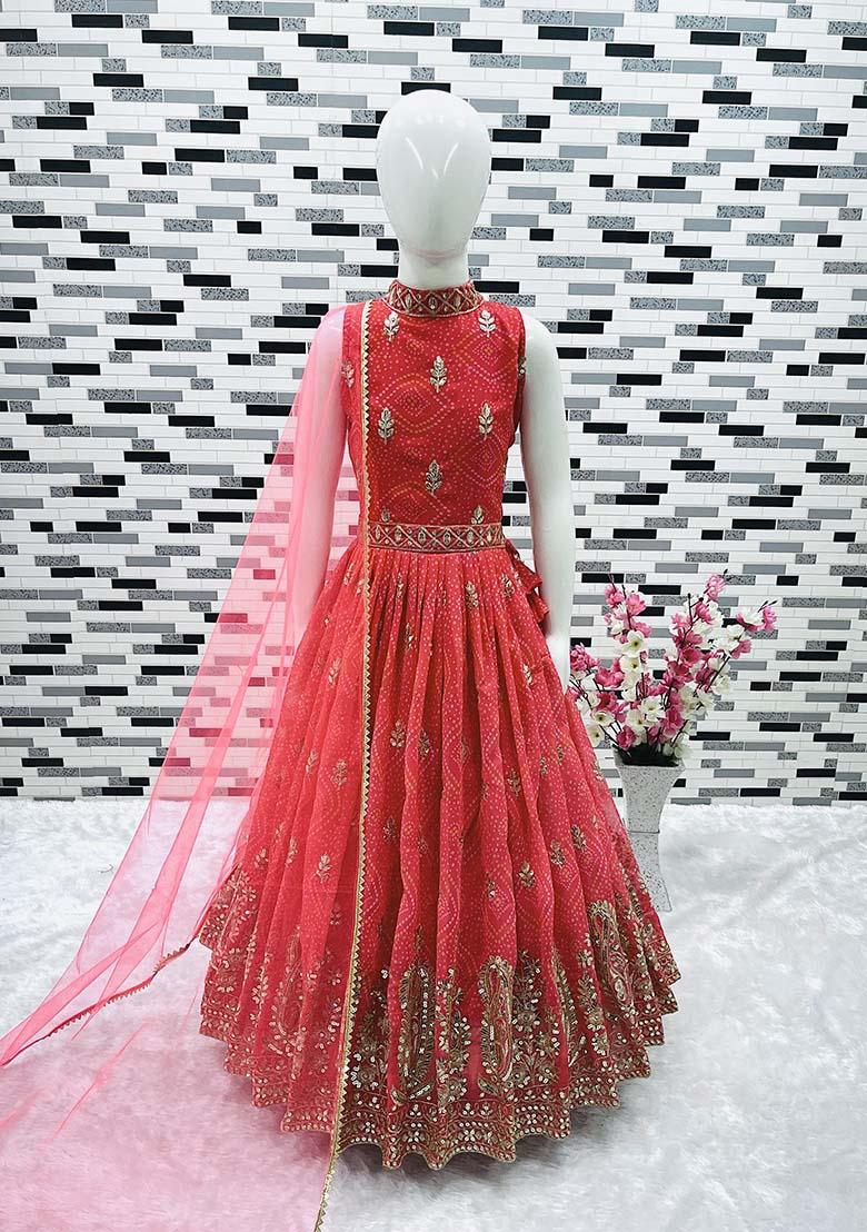 Red Embroidererd Georgette Anarkali Set With Dupatta For Girl