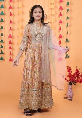 Yellow Embroidererd Chinon Silk Anarkali Set With Dupatta For Girl