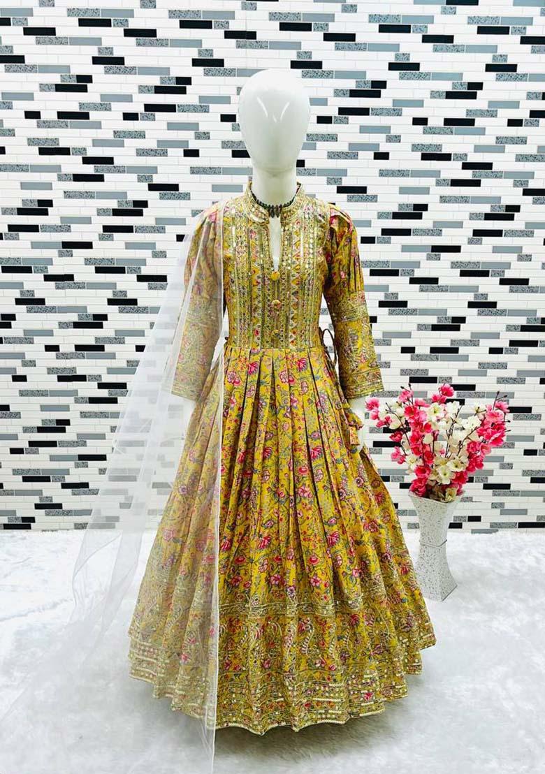 Yellow Embroidererd Chinon Silk Anarkali Set With Dupatta For Girl