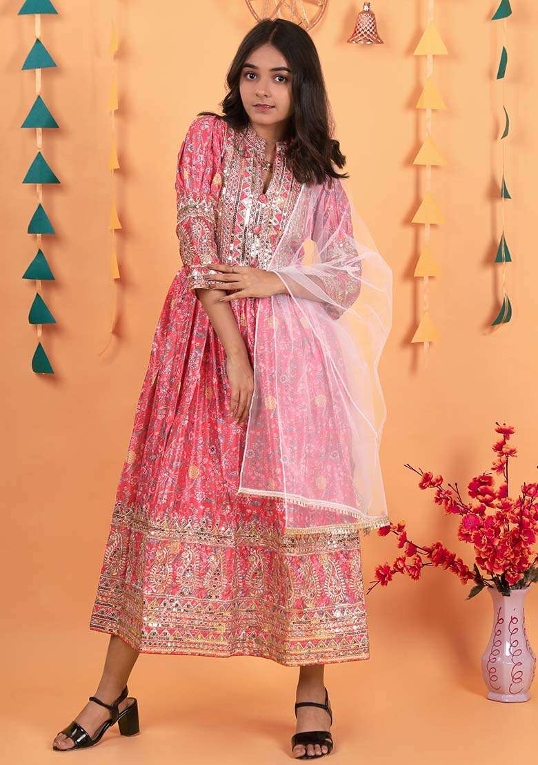 Red Embroidererd Chinon Silk Anarkali Set With Dupatta For Girl - Indya