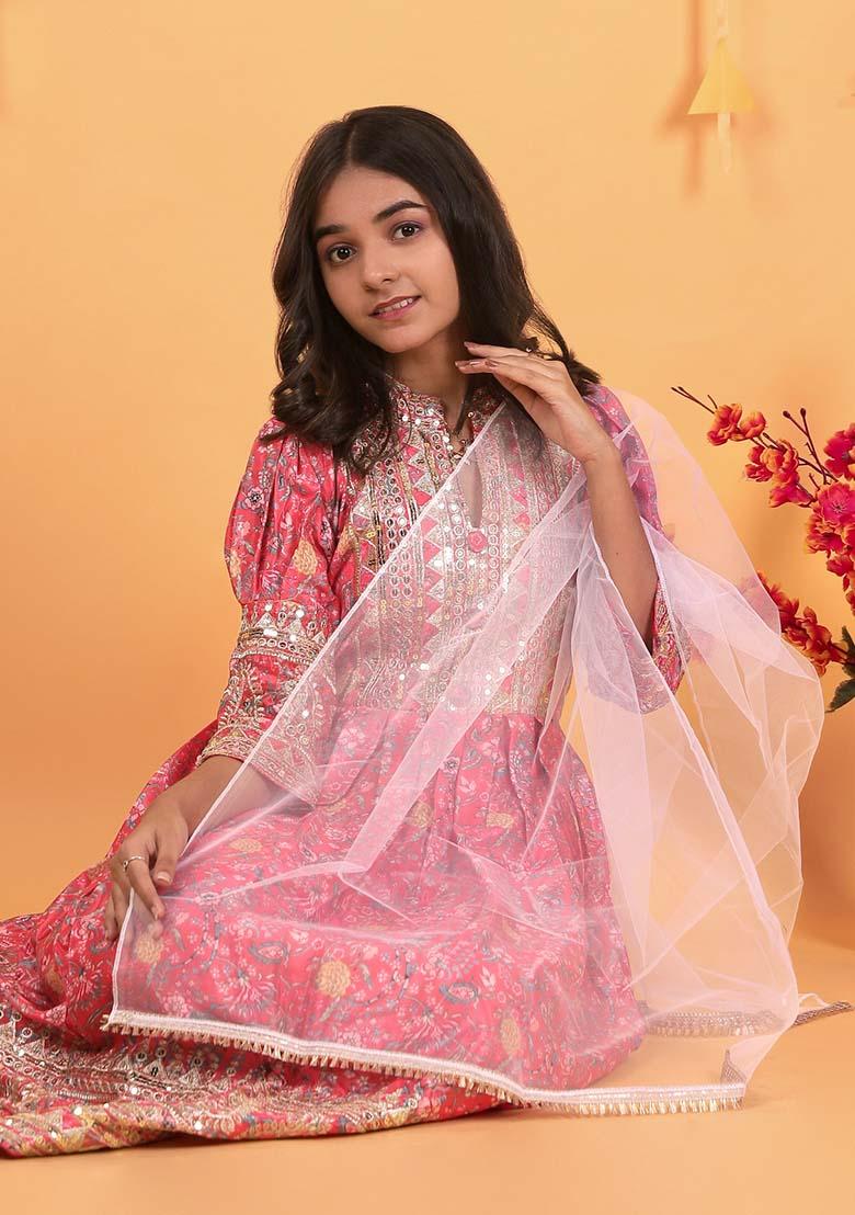 Red Embroidererd Chinon Silk Anarkali Set With Dupatta For Girl