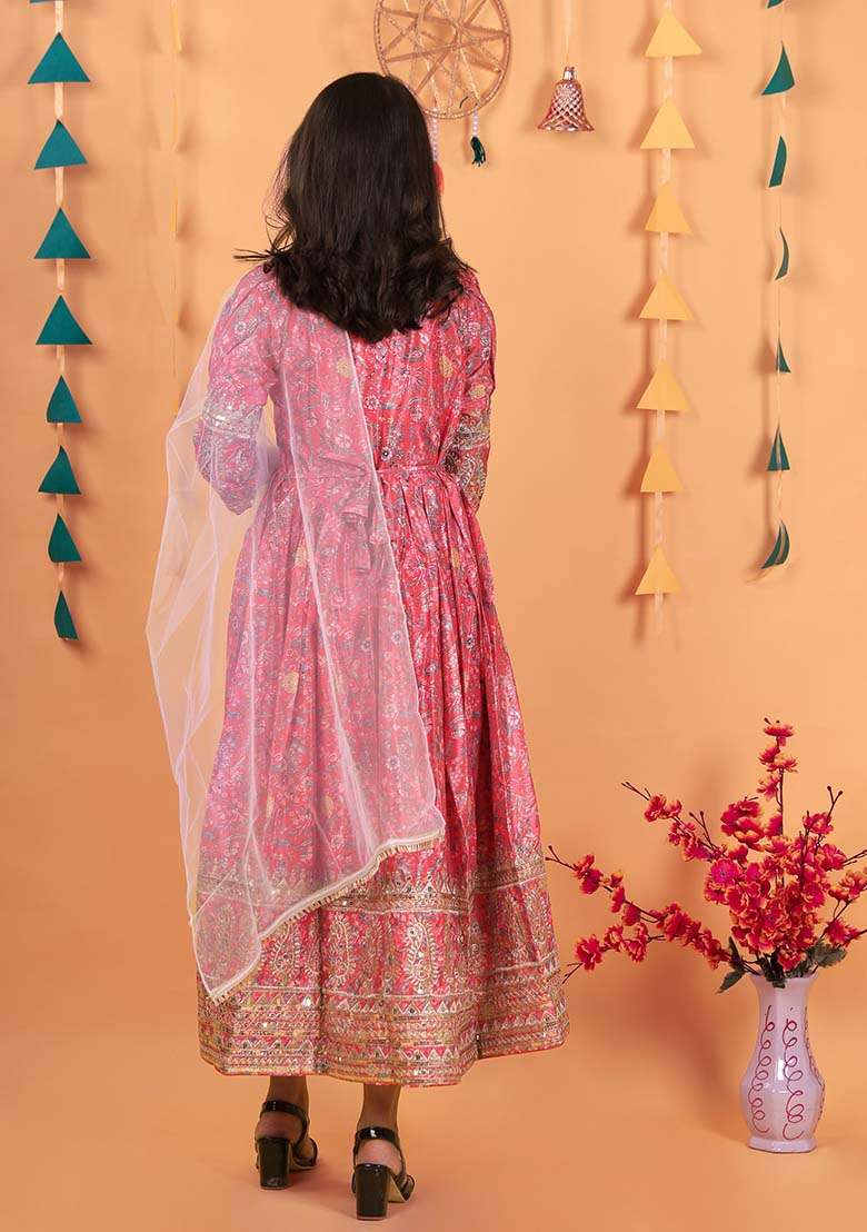 Red Embroidererd Chinon Silk Anarkali Set With Dupatta For Girl - Indya