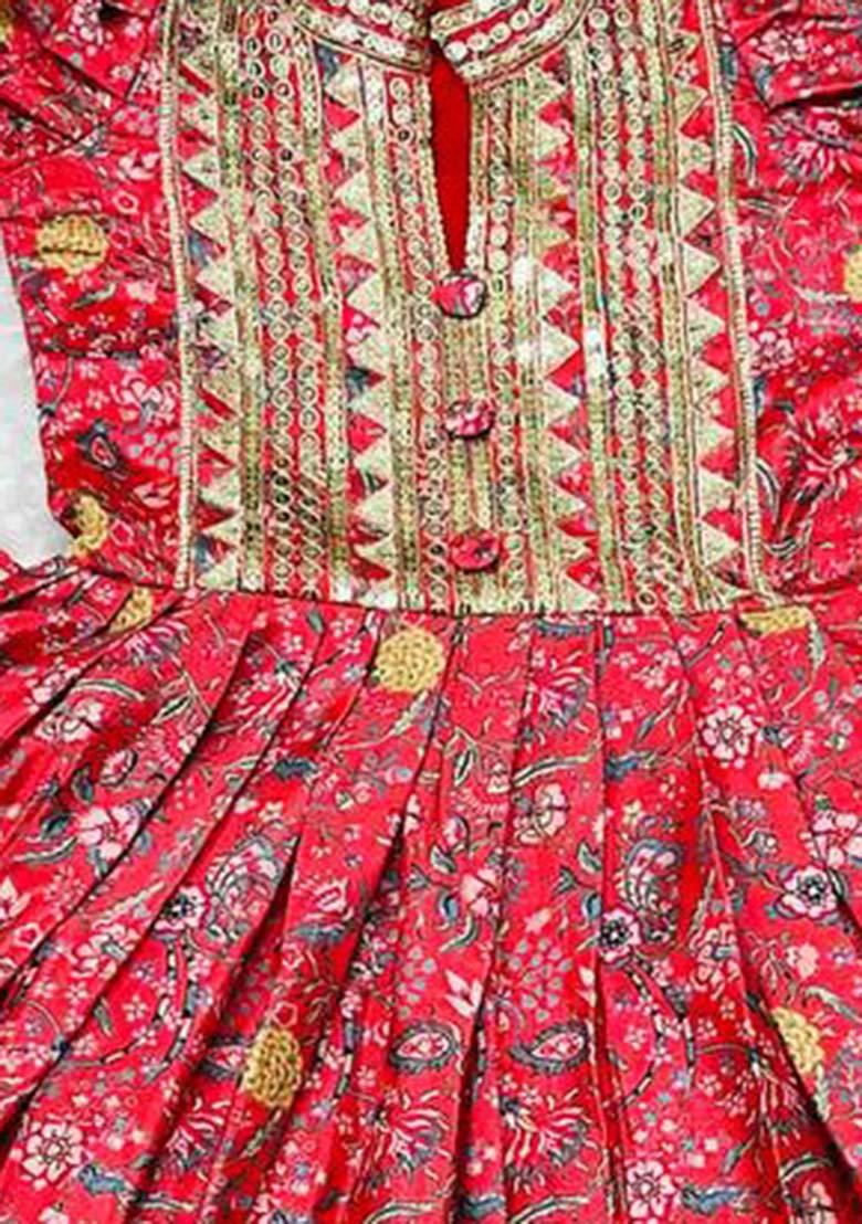 Red Embroidererd Chinon Silk Anarkali Set With Dupatta For Girl