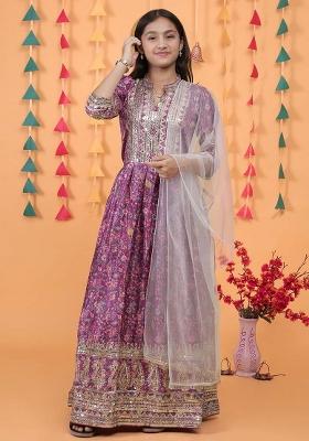 Lavender Embroidererd Chinon Silk Anarkali Set With Dupatta For Girl